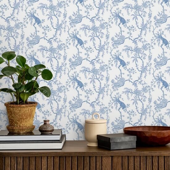 Floral Bird Toile Blå tapet