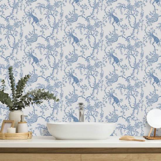 Floral Bird Toile Blue Wallpaper