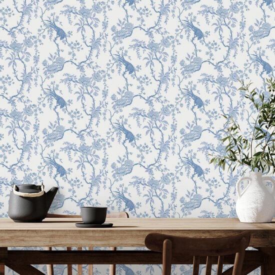 Floral Bird Toile Blue Wallpaper