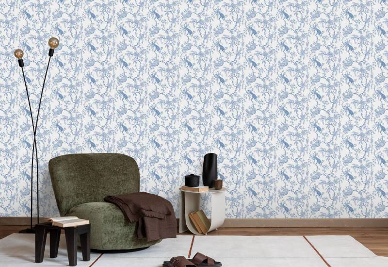 Floral Bird Toile Blue Wallpaper