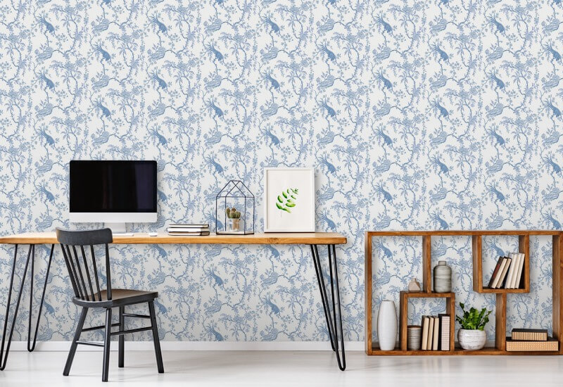 Floral Bird Toile Blue Wallpaper