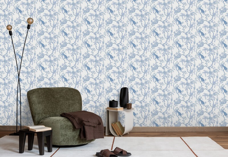 Floral Bird Toile Blue Wallpaper