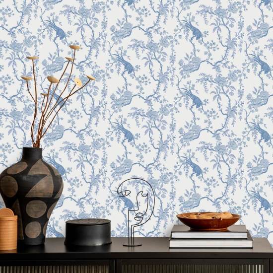 Floral Bird Toile Blue Wallpaper