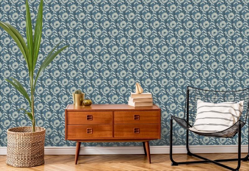Woodland Bloom Papier peint floral bleu ardoise