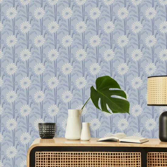 Bloei in het bos Porseleinblauw bloemenbehang