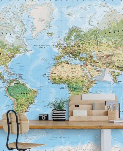 blue and green customizable world map wallpaper mural called World Wall Map (Environmental) by Lovell Johns for bedrooms and schools