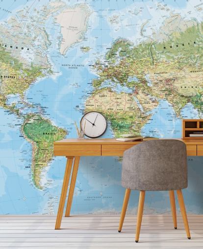 mural de papel pintado de mapa mundial personalizable azul y verde llamado World Wall Map (Environmental) de Lovell Johns para dormitorios y escuelas