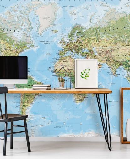 mural de papel pintado de mapa mundial personalizable azul y verde llamado World Wall Map (Environmental) de Lovell Johns para dormitorios y escuelas