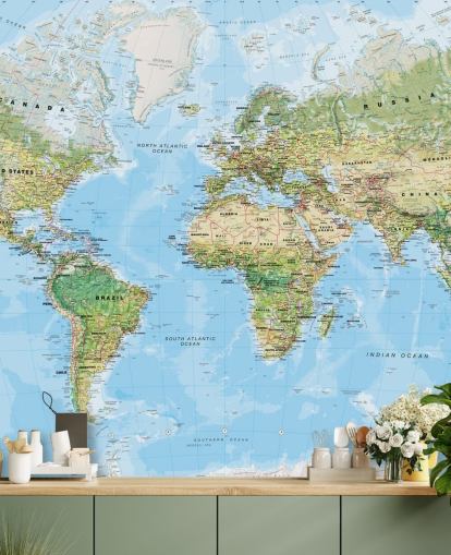 blue and green customizable world map wallpaper mural called World Wall Map (Environmental) by Lovell Johns for bedrooms and schools