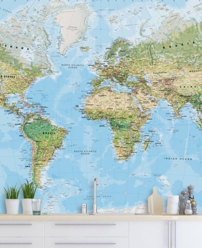 blauw-groene aanpasbare wereldkaart behangmuurschildering genaamd World Wall Map (Environmental) van Lovell Johns voor slaapkamers en scholen