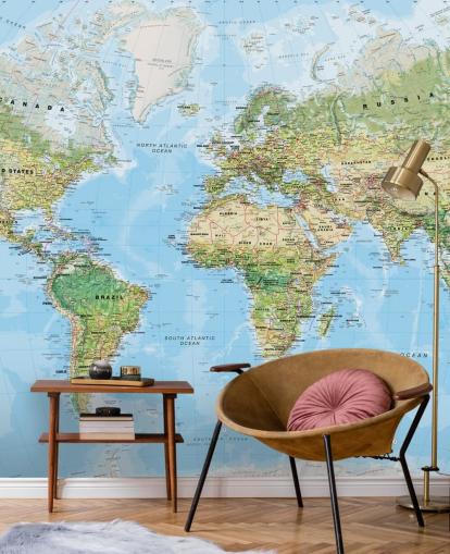 papier peint mural de carte du monde personnalisable bleu et vert appelé World Wall Map (Environmental) par Lovell Johns pour les chambres et les écoles