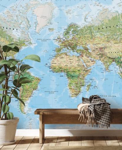 blauw-groene aanpasbare wereldkaart behangmuurschildering genaamd World Wall Map (Environmental) van Lovell Johns voor slaapkamers en scholen blauw-groene aanpasbare wereldkaart behangmuurschildering genaamd World Wall Map (Environmental) van Lovell Johns voor slaapkamers en scholen