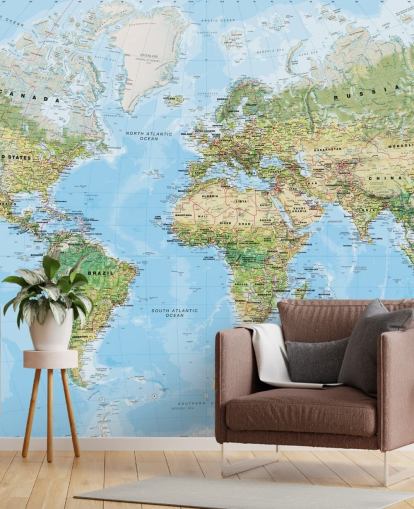 blue and green customizable world map wallpaper mural called World Wall Map (Environmental) by Lovell Johns for bedrooms and schools