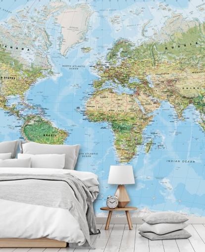 blue and green customizable world map wallpaper mural called World Wall Map (Environmental) by Lovell Johns for bedrooms and schools