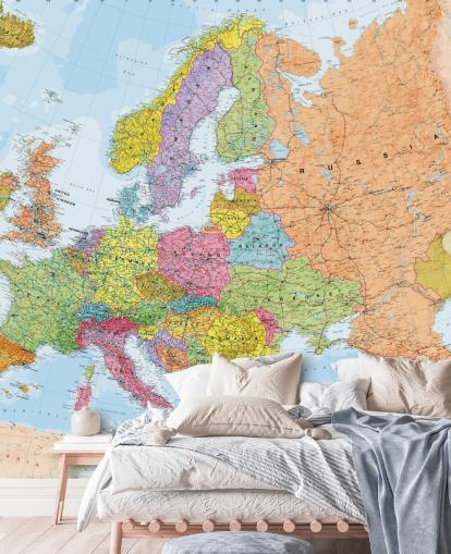colorful european map wallpaper mural called Political Europe Map for home offices, bedrooms and dining rooms