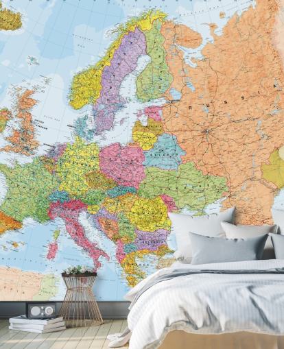farbenfrohe europäische Landkarten-Tapete mit dem Titel Politische Europakarte für Heimbüros, Schlafzimmer und Esszimmer
