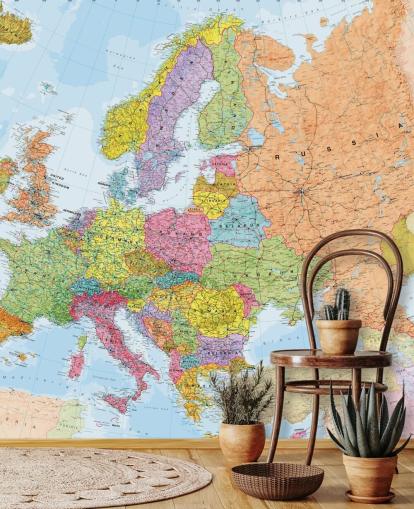 colorido mural de papel pintado con un mapa europeo llamado Mapa de Europa Política para oficinas en casa, dormitorios y comedores