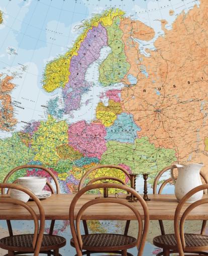 colorful european map wallpaper mural called Political Europe Map for home offices, bedrooms and dining rooms