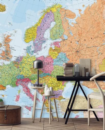 farbenfrohe europäische Landkarten-Tapete mit dem Titel Politische Europakarte für Heimbüros, Schlafzimmer und Esszimmer
