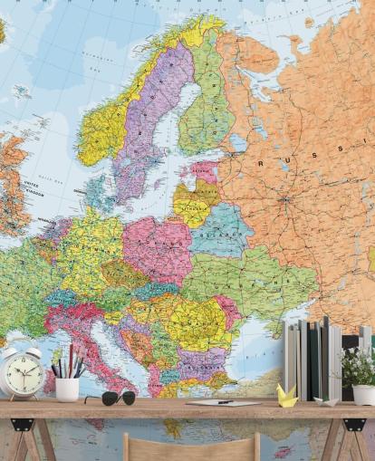 carta da parati murale colorata con mappa europea chiamata Political Europe Map per casa, uffici, camere da letto e sale da pranzo