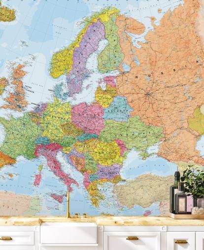 colourful european map wallpaper mural called Political Europe Map for home offices, bedrooms and dining rooms