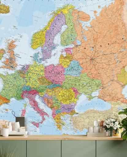 colorido mural de papel pintado con un mapa europeo llamado Mapa de Europa Política para oficinas en casa, dormitorios y comedores