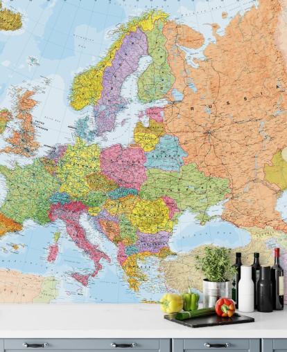 colourful european map wallpaper mural called Political Europe Map for home offices, bedrooms and dining rooms