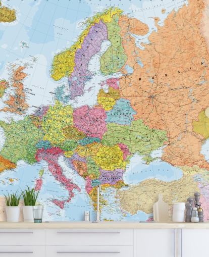 mural colorido de papel de parede de mapas europeus chamado Mapa da Europa Política para escritórios domésticos, quartos e salas de jantar