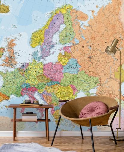 colorful european map wallpaper mural called Political Europe Map for home offices, bedrooms and dining rooms