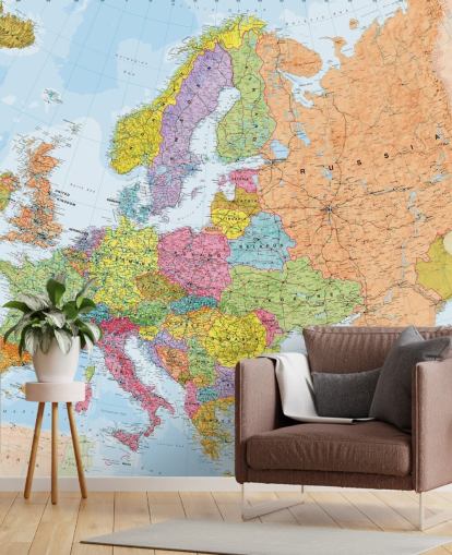farbenfrohe europäische Landkarten-Tapete mit dem Titel Politische Europakarte für Heimbüros, Schlafzimmer und Esszimmer farbenfrohe europäische Landkarten-Tapete mit dem Titel Politische Europakarte für Heimbüros, Schlafzimmer und Esszimmer