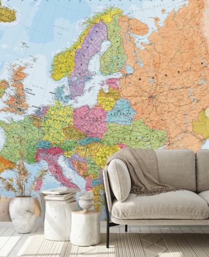 färgstark europeisk karta tapet väggmålning kallad Political Europe Karta för hemmakontor, sovrum och matsalar