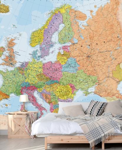 colorful european map wallpaper mural called Political Europe Map for home offices, bedrooms and dining rooms