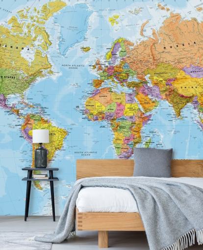 papier peint mural coloré de carte du monde personnalisable appelé Political World Map par Lovell Johns pour les cuisines et les chambres