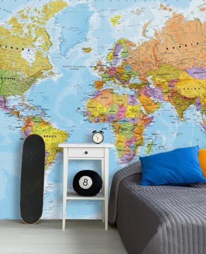 Buntes personalisierbares Weltkarten-Tapeten-Wandbild Political World Map von Lovell Johns für Küchen und Schlafzimmer