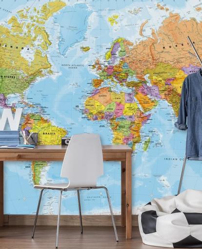 colourful customisable world map wallpaper mural called Political World Map by Lovell Johns for kitchens and bedrooms