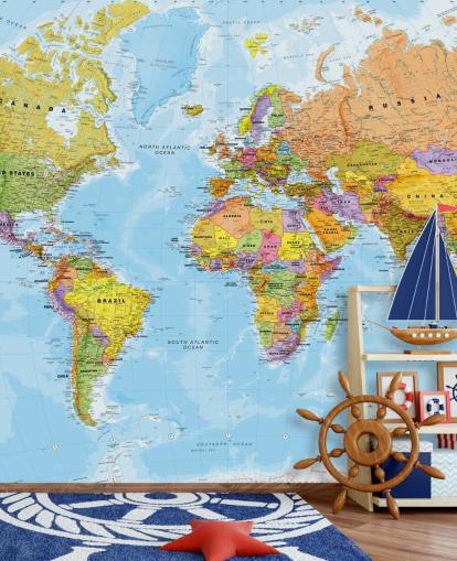 colourful customisable world map wallpaper mural called Political World Map by Lovell Johns for kitchens and bedrooms