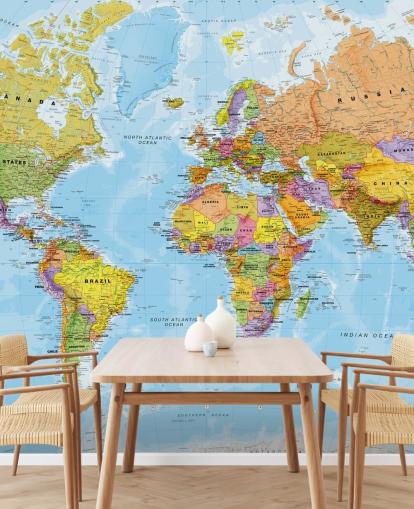 Lovell Johnsin värikäs muokattava maailmankartan taustakuvamaalaus nimeltä Political World Map, kirjoittanut Lovell Johns keittiöihin ja makuuhuoneisiin