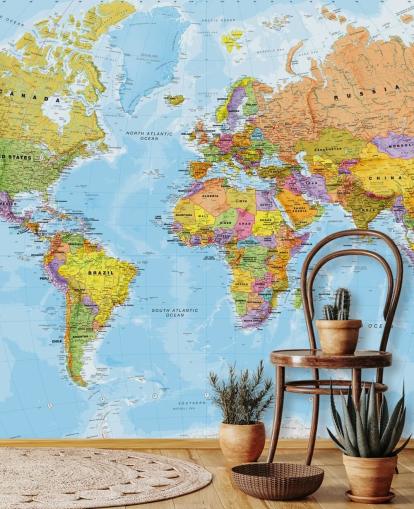 carta da parati murale colorata e personalizzabile con mappa del mondo chiamata Political World Map di Lovell Johns per cucine e camere da letto