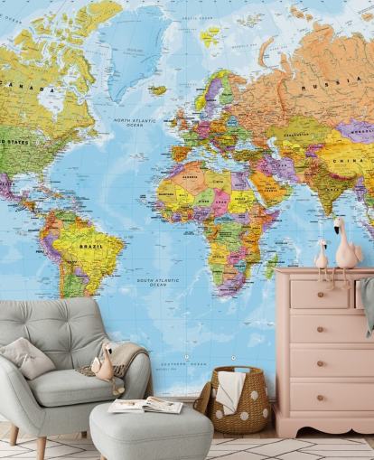 mural colorido de papel de parede de mapa-múndi personalizável chamado Political World Map de Lovell Johns para cozinhas e quartos mural colorido de papel de parede de mapa-múndi personalizável chamado Political World Map de Lovell Johns para cozinhas e quartos