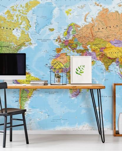 Buntes personalisierbares Weltkarten-Tapeten-Wandbild Political World Map von Lovell Johns für Küchen und Schlafzimmer