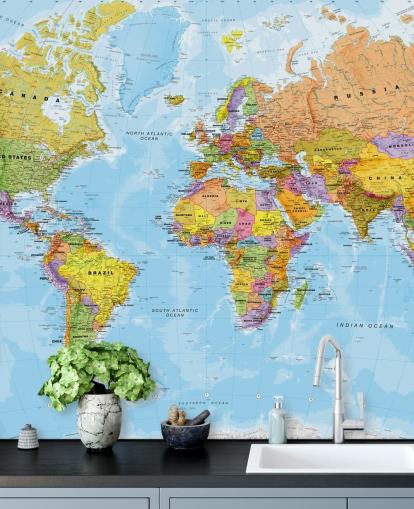 carta da parati murale colorata e personalizzabile con mappa del mondo chiamata Political World Map di Lovell Johns per cucine e camere da letto