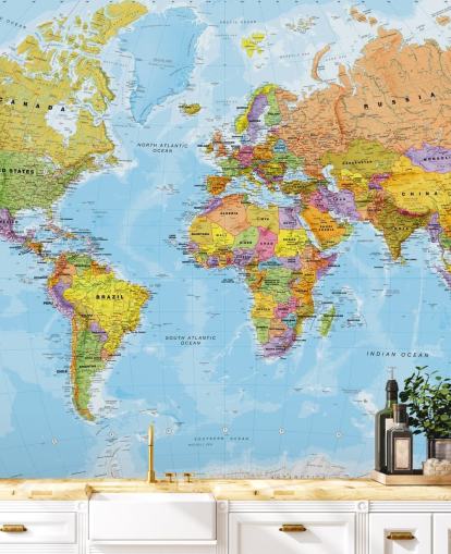 Buntes personalisierbares Weltkarten-Tapeten-Wandbild Political World Map von Lovell Johns für Küchen und Schlafzimmer