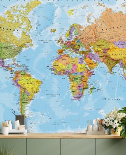 färgglad anpassningsbar världskarta tapetväggmålning kallad Political World Map av Lovell Johns för kök och sovrum