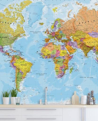colorido mural de papel pintado con un mapa del mundo personalizable llamado Political World Map de Lovell Johns para cocinas y dormitorios