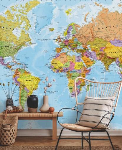 farverigt tilpasseligt verdenskort tapetmaleri kaldet Political World Map af Lovell Johns til køkkener og soveværelser farverigt tilpasseligt verdenskort tapetmaleri kaldet Political World Map af Lovell Johns til køkkener og soveværelser