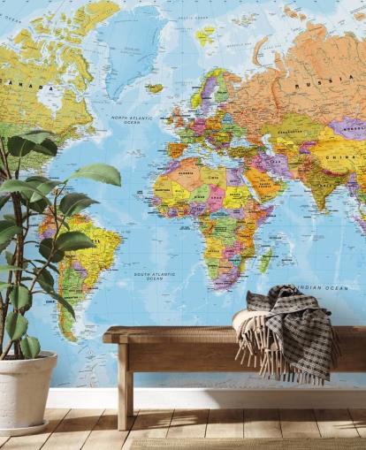 farverigt tilpasseligt verdenskort tapetmaleri kaldet Political World Map af Lovell Johns til køkkener og soveværelser farverigt tilpasseligt verdenskort tapetmaleri kaldet Political World Map af Lovell Johns til køkkener og soveværelser