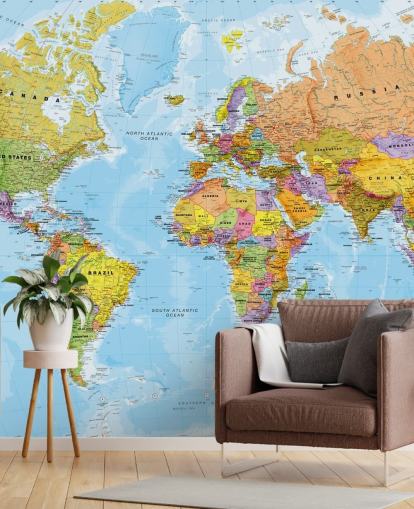 colorful customizable world map wallpaper mural called Political World Map by Lovell Johns for kitchens and bedrooms colorful customizable world map wallpaper mural called Political World Map by Lovell Johns for kitchens and bedrooms