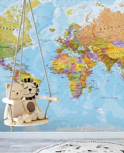 Lovell Johnsin värikäs muokattava maailmankartan taustakuvamaalaus nimeltä Political World Map, kirjoittanut Lovell Johns keittiöihin ja makuuhuoneisiin