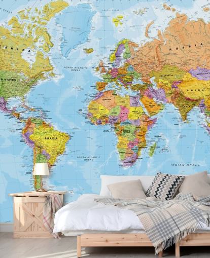 colourful customisable world map wallpaper mural called Political World Map by Lovell Johns for kitchens and bedrooms