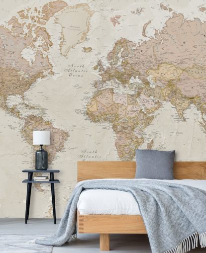 carta da parati murale personalizzabile con mappa del mondo marrone chiaro chiamata Antique World Map di Lovell Johns per camere da letto